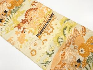 アンティーク　扇に御所車・船・草花模様織り出し丸帯（材料）